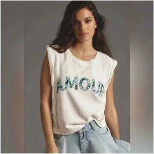 Anthropologie White Muscle Tee with Blue and Green Print